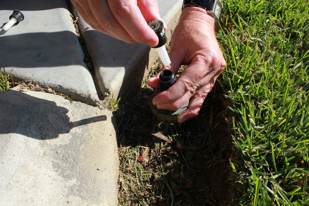 hands replacing a sprinkler head